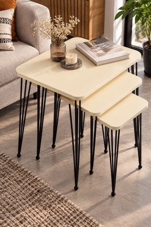 SuloraHome Metal Tel Ayaklı 3'lü Zigon Sehpa Takımı Krem Bej