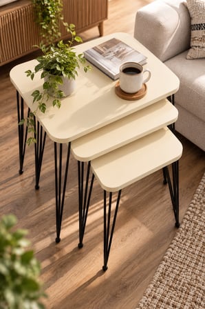 SuloraHome Metal Tel Ayaklı 3'lü Zigon Sehpa Takımı Krem Bej