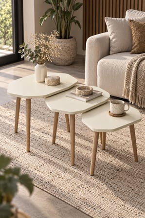 SuloraHome Ekru 3'lü Geometrik Zigon Sehpa Seti