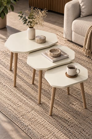 SuloraHome Ekru 3'lü Geometrik Zigon Sehpa Seti