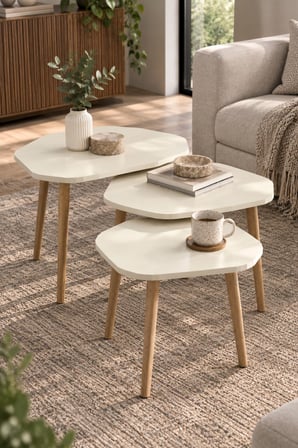 SuloraHome Ekru 3'lü Geometrik Zigon Sehpa Seti