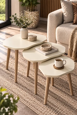 SuloraHome Ekru 3'lü Geometrik Zigon Sehpa Seti