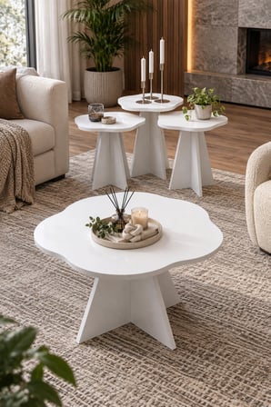 SuloraHome Çiçek Formlu Beyaz 4'lü Sehpa Seti