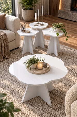 SuloraHome Çiçek Formlu Beyaz 4'lü Sehpa Seti