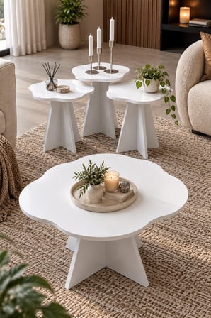 SuloraHome Çiçek Formlu Beyaz 4'lü Sehpa Seti