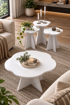 SuloraHome Çiçek Formlu Beyaz 4'lü Sehpa Seti