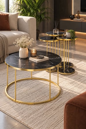 SuloraHome Siyah Mermer Desenli Gold Metal Ayaklı 4'lü Sehpa Seti
