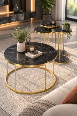 SuloraHome Siyah Mermer Desenli Gold Metal Ayaklı 4'lü Sehpa Seti