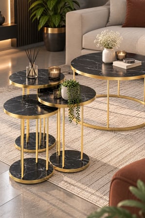 SuloraHome Siyah Mermer Desenli Gold Metal Ayaklı 4'lü Sehpa Seti