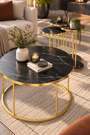 SuloraHome Siyah Mermer Desenli Gold Metal Ayaklı 4'lü Sehpa Seti