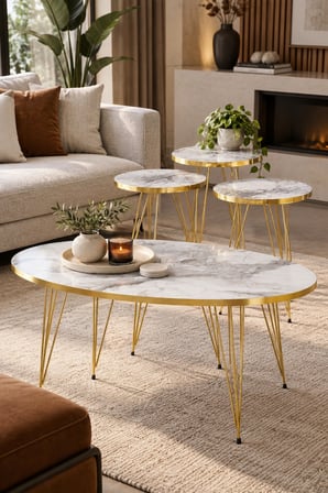 SuloraHome Elips Gold Orta ve Zigon Sehpa Seti 4 Parça