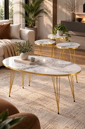 SuloraHome Elips Gold Orta ve Zigon Sehpa Seti 4 Parça