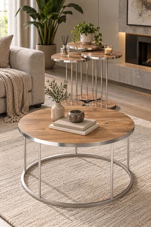 SuloraHome Ceviz Desenli Gümüş Metal Ayaklı 4'lü Sehpa Seti