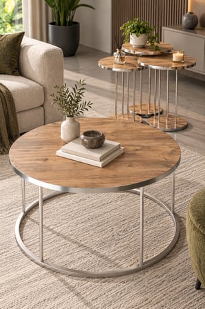 SuloraHome Ceviz Desenli Gümüş Metal Ayaklı 4'lü Sehpa Seti