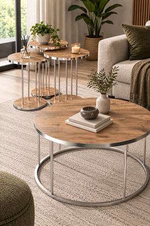 SuloraHome Ceviz Desenli Gümüş Metal Ayaklı 4'lü Sehpa Seti