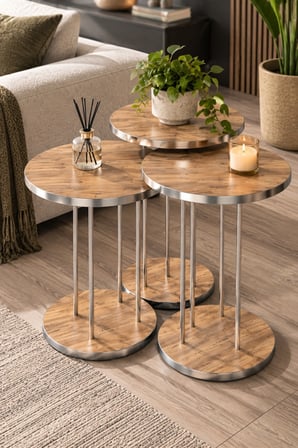 SuloraHome Ceviz Desenli Gümüş Metal Ayaklı 4'lü Sehpa Seti