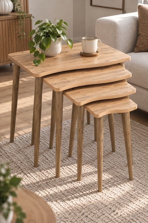 SuloraHome Torna Ahşap Ayaklı 4'lü Zigon Sehpa Takımı Çam Kahverengi