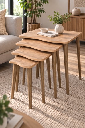 SuloraHome Torna Ahşap Ayaklı 4'lü Zigon Sehpa Takımı Çam Kahverengi