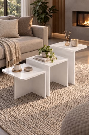 SuloraHome Orta Sehpa Zigon Sehpa 3'lü Yan Sehpa Modern Salon Sehpası Kare Orta Sehpa Liva 9259 Beyaz
