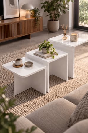 SuloraHome Orta Sehpa Zigon Sehpa 3'lü Yan Sehpa Modern Salon Sehpası Kare Orta Sehpa Liva 9259 Beyaz
