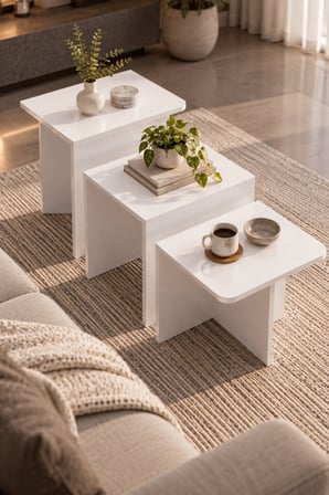 SuloraHome Orta Sehpa Zigon Sehpa 3'lü Yan Sehpa Modern Salon Sehpası Kare Orta Sehpa Liva 9259 Beyaz
