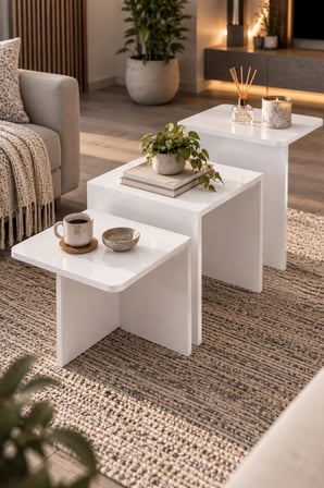 SuloraHome Orta Sehpa Zigon Sehpa 3'lü Yan Sehpa Modern Salon Sehpası Kare Orta Sehpa Liva 9259 Beyaz