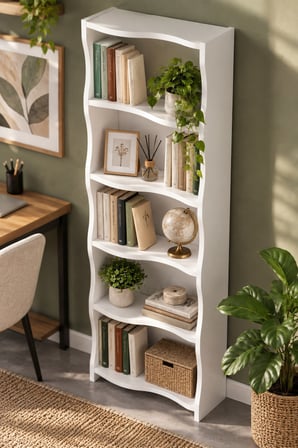 SuloraHome 5 Raflı Modern Dalgalı Tasarım Beyaz Kitaplık ve Raf Ünitesi