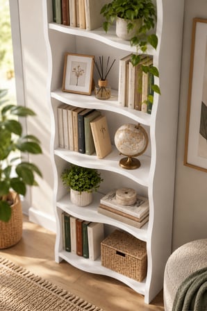 SuloraHome 5 Raflı Modern Dalgalı Tasarım Beyaz Kitaplık ve Raf Ünitesi