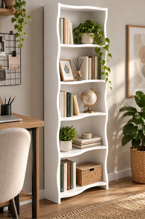 SuloraHome 5 Raflı Modern Dalgalı Tasarım Beyaz Kitaplık ve Raf Ünitesi