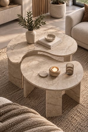 SuloraHome Orta Sehpa 2'li Sehpa Seti Oval Modern Dekoratif Salon Oturma Odası Sehpası Denge 9254 Traverten