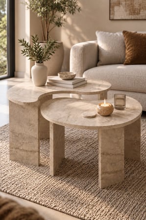 SuloraHome Orta Sehpa 2'li Sehpa Seti Oval Modern Dekoratif Salon Oturma Odası Sehpası Denge 9254 Traverten