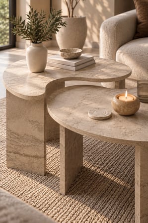 SuloraHome Orta Sehpa 2'li Sehpa Seti Oval Modern Dekoratif Salon Oturma Odası Sehpası Denge 9254 Traverten