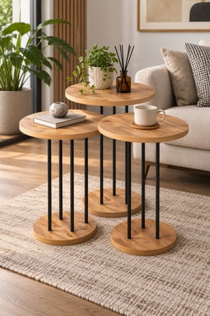 SuloraHome Çam Desenli Metal Ayaklı Yuvarlak Zigon Sehpa Takımı 3'lü