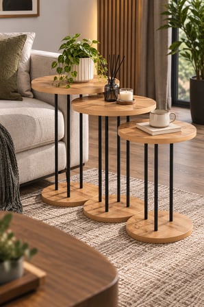SuloraHome Çam Desenli Metal Ayaklı Yuvarlak Zigon Sehpa Takımı 3'lü