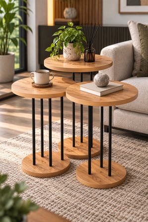 SuloraHome Çam Desenli Metal Ayaklı Yuvarlak Zigon Sehpa Takımı 3'lü
