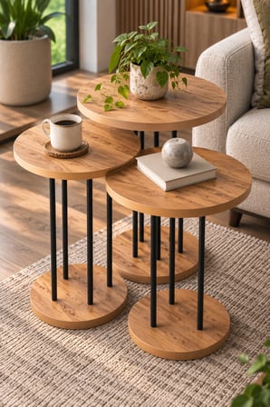 SuloraHome Çam Desenli Metal Ayaklı Yuvarlak Zigon Sehpa Takımı 3'lü