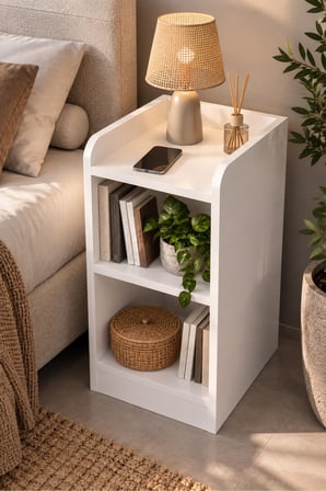 SuloraHome Beyaz Komodin ve Dekoratif Kitaplık