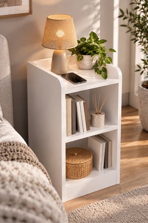 SuloraHome Beyaz Komodin ve Dekoratif Kitaplık