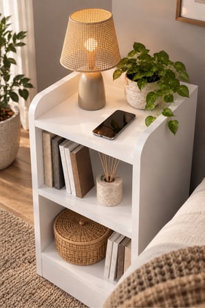 SuloraHome Beyaz Komodin ve Dekoratif Kitaplık