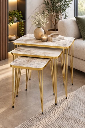 SuloraHome Gold Tel Zigon Sehpa Takımı Efes Beyaz 3'lü