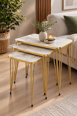 SuloraHome Gold Tel Zigon Sehpa Takımı Efes Beyaz 3'lü