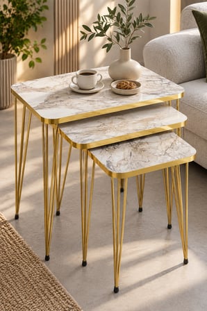 SuloraHome Gold Tel Zigon Sehpa Takımı Efes Beyaz 3'lü