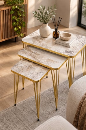 SuloraHome Gold Tel Zigon Sehpa Takımı Efes Beyaz 3'lü