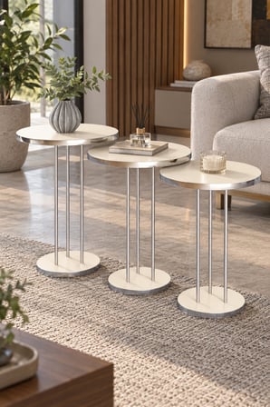 SuloraHome Gümüş Metal Ayaklı Krem Bej 3'lü Yuvarlak Zigon Sehpa Takımı