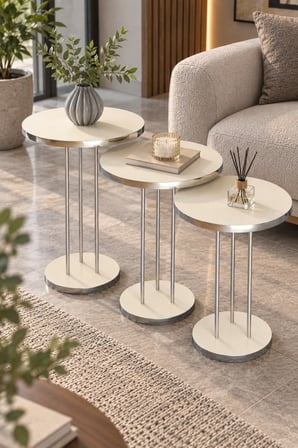 SuloraHome Gümüş Metal Ayaklı Krem Bej 3'lü Yuvarlak Zigon Sehpa Takımı