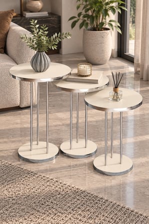 SuloraHome Gümüş Metal Ayaklı Krem Bej 3'lü Yuvarlak Zigon Sehpa Takımı