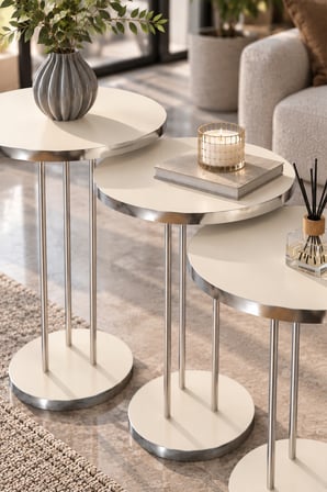 SuloraHome Gümüş Metal Ayaklı Krem Bej 3'lü Yuvarlak Zigon Sehpa Takımı