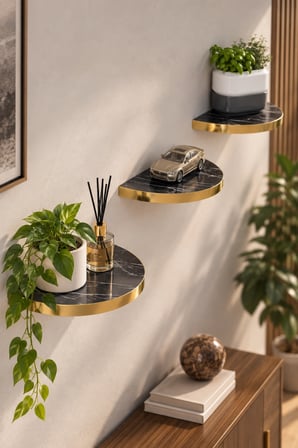 SuloraHome 3'lü Oval Duvar Rafı Siyah Mermer Desenli Gold Kenarlı