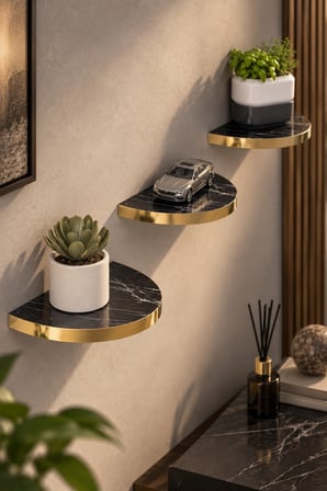 SuloraHome 3'lü Oval Duvar Rafı Siyah Mermer Desenli Gold Kenarlı