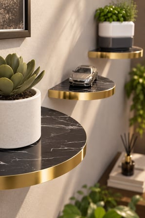 SuloraHome 3'lü Oval Duvar Rafı Siyah Mermer Desenli Gold Kenarlı
